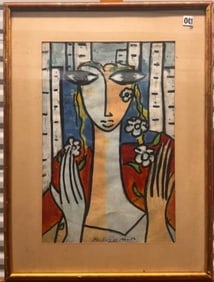 Vintage Spanish Modernist Figurative Abstract Alba Gioia De Nocito Gouache Signed