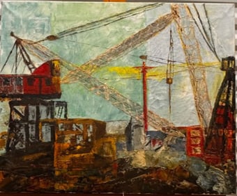 Mid Century Modern Abstract Industrial Scene Oil Painting Signed