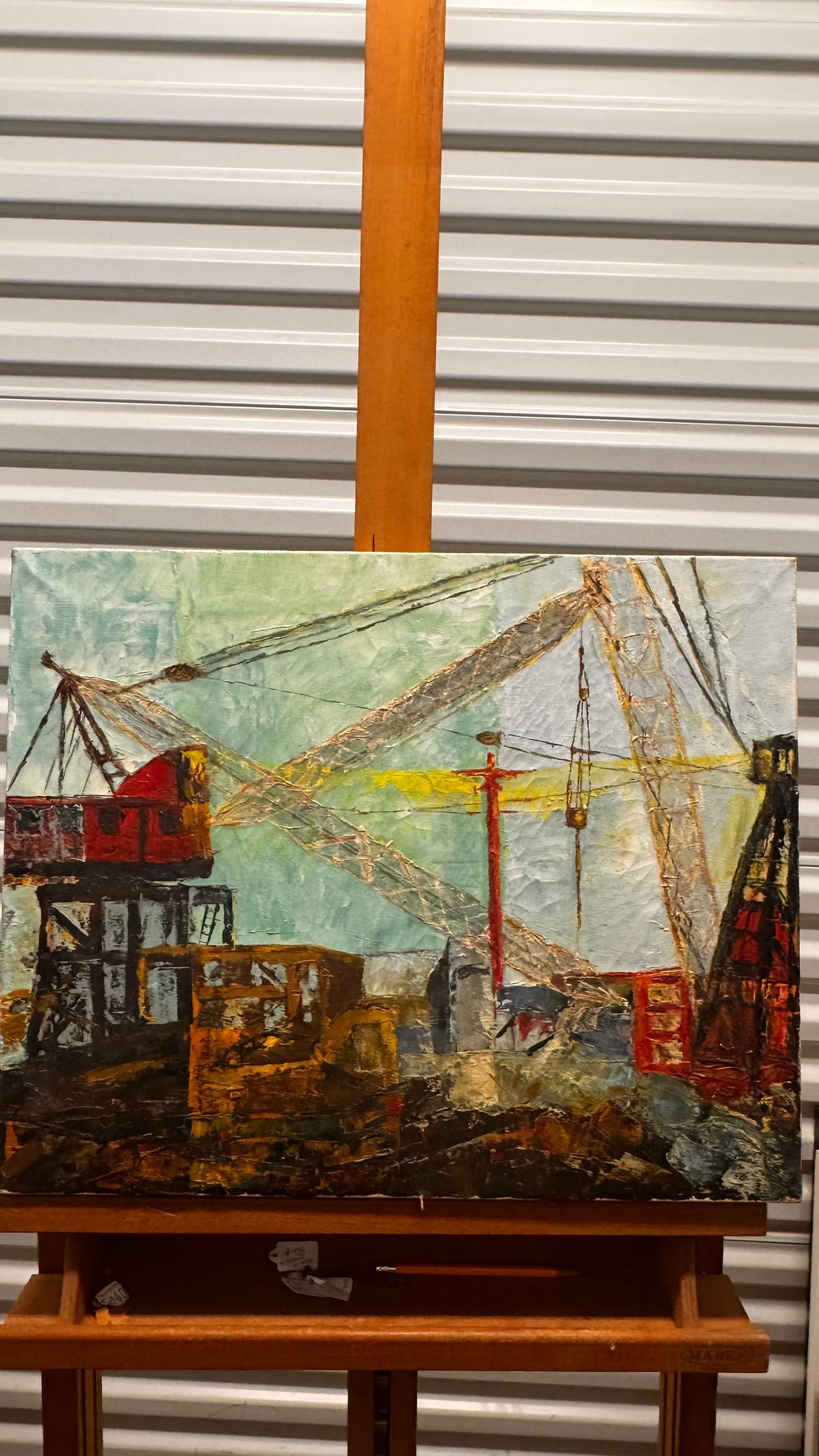 Mid Century Modern Abstract Industrial Scene Oil Painting Signed (1 of 4)