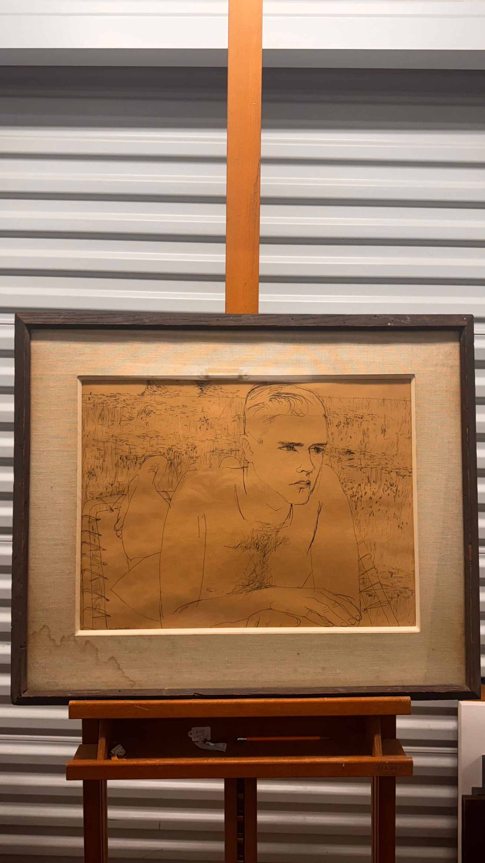 American Pennsylvania Austria Realist Artist Henry Koerner Self-Portrait Ink Drawing Signed: American Pennsylvania Realist Artist Henry Koerner Self-Portrait Ink Drawing Signed, 14 1/2 x 19 1/2", 23 1/2 x 27" Framed Painter Henry Koerner was born in Vienna in 1915 to Jewish parents and traine