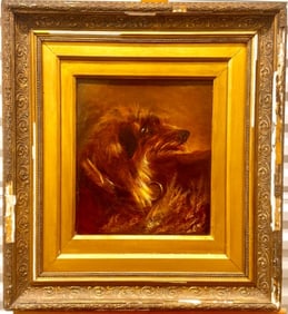 Antique 19th Century English Portrait of a Terrier Dog Signed Oil Painting