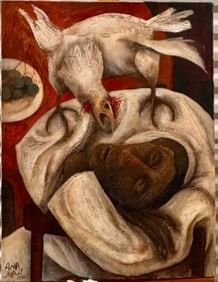 Vintage Spanish New York Modernist Ana Juan Oil Painting 1991 Signed