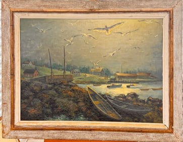 American Modern Cape Elizabeth Maine Harbor Landscape Oil Painting Leo Meissner Signed