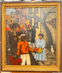 Exceptional American Social Realist WPA Philadelphia Street Scene Oil Painting Signed