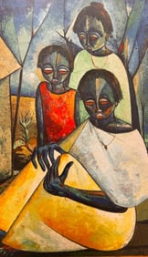 Vintage Abstract South African Family Scene Oil Painting Signed 2