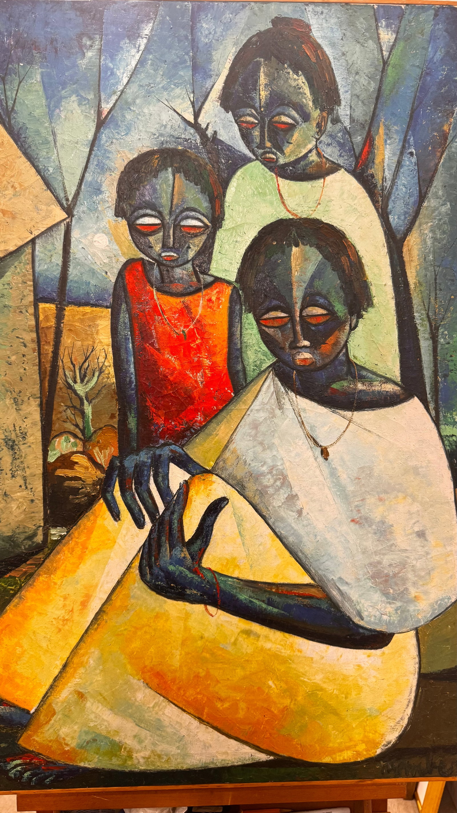 Vintage Abstract South African Family Scene Oil Painting Signed 2 (1 of 7)