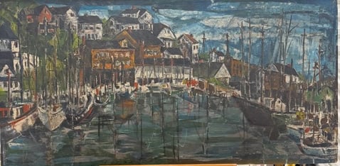 Vintage American Abstract New England Harbor Oil Painting Vera B. Freeman Signed