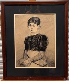 Antique 19th Century American Impressionist Portrait beautiful young woman Drawing