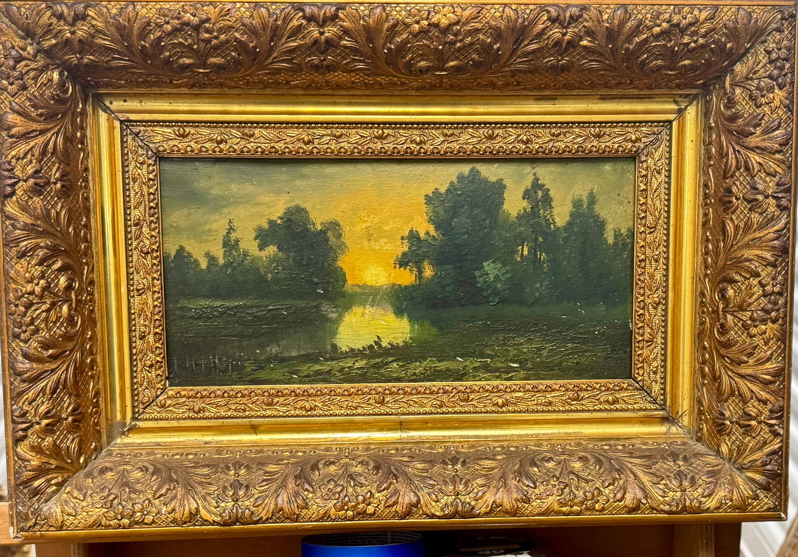Antique 19th Century American Tonalist Sunset Oil Painting: Antique 19th Century American Tonalist Sunset Oil Painting, 6 x 12", 11 1/2 x 17 1/2" Framed