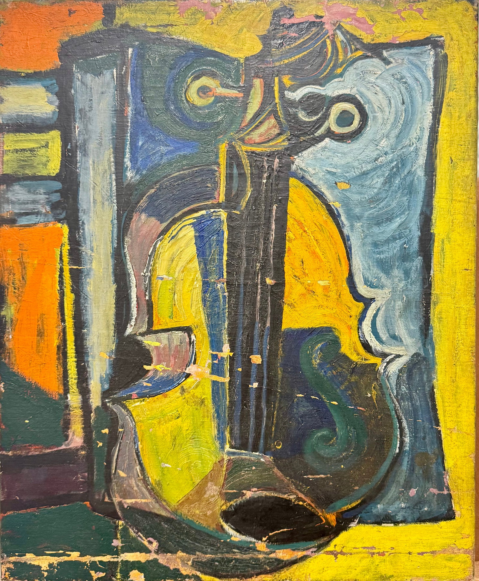 Vintage American Cubist Musical Violin Oil Painting: Vintage American Cubist Musical Violin Oil Painting, this painting has been relined but the inpainting has not been completed at the bottom of the painting (see Photos).