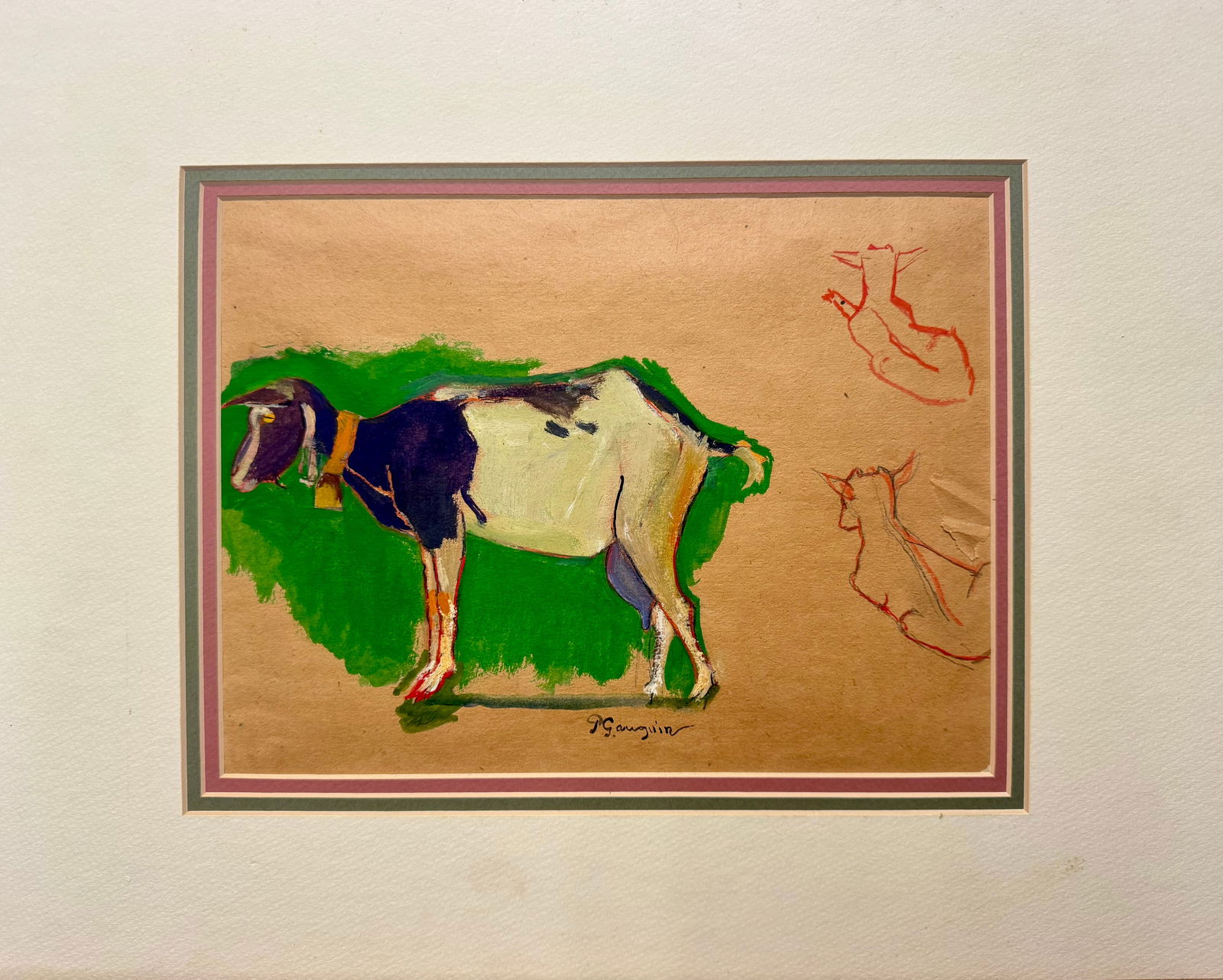 Antique French Post Impressionist watercolor Cow Study signed Gauguin (1 of 7)