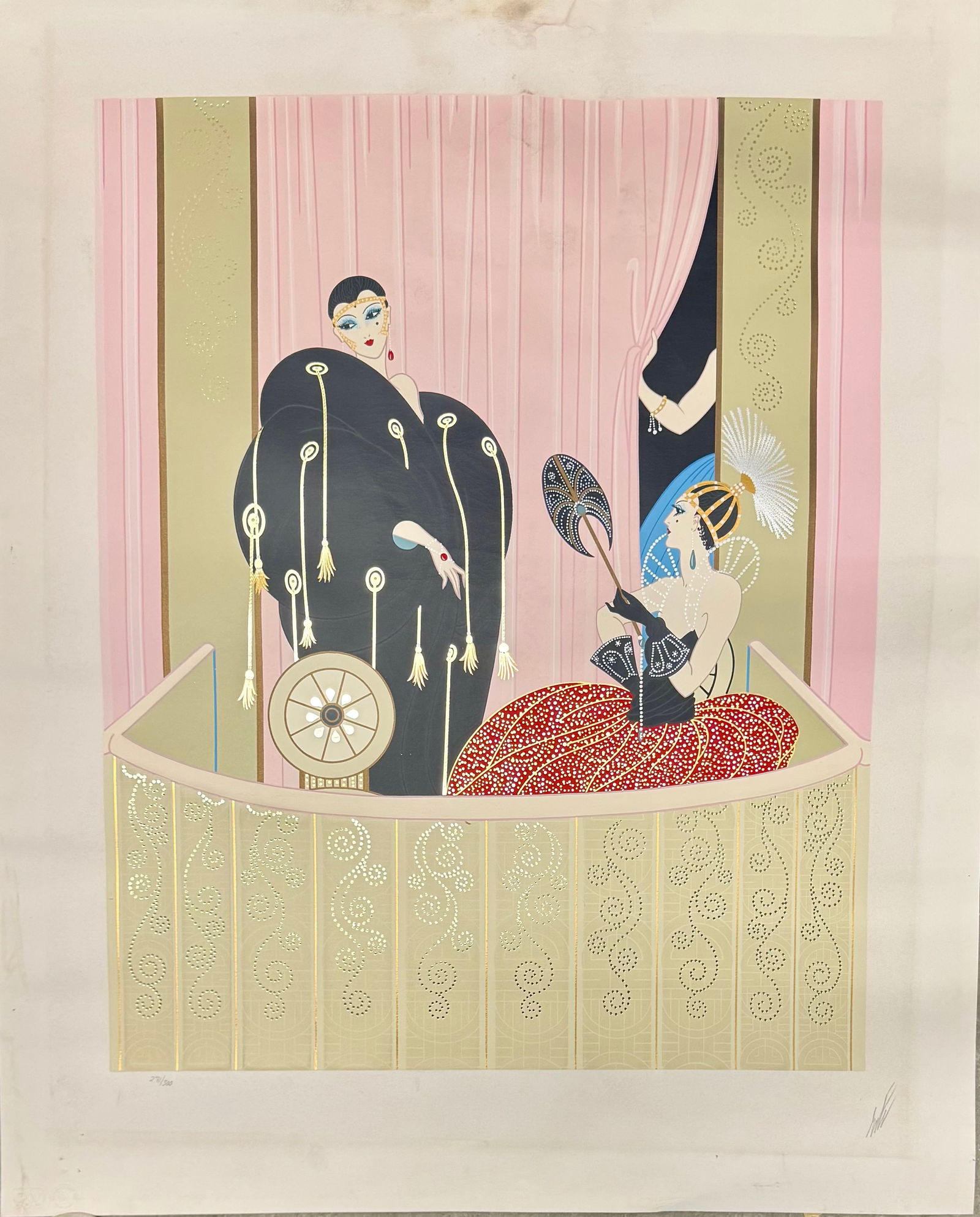 Vintage Art Deco Style Embossed Serigraph Signed Erte Loge de Théâtre: Vintage Art Deco Style Embossed Serigraph Signed Erte Loge de Théâtre, there is damage to the paper up top, it will need to be conserved, 33 x 27" The designs created by Erte during his long and ill