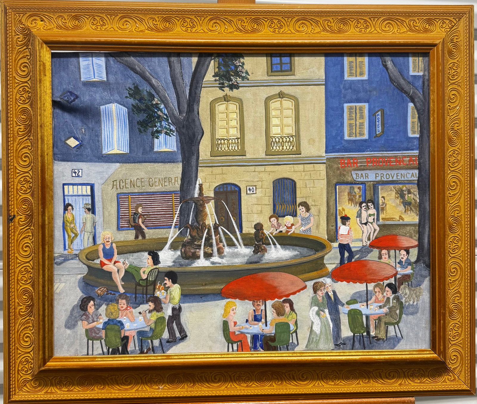 French Naïve Oil Painting Avignon: Vintage French Naïve Oil Painting Titled, Place de Corp. Saintes, Avignon. Dated 1979. Acrylic on canas, 16” by 20”. Unsigned.