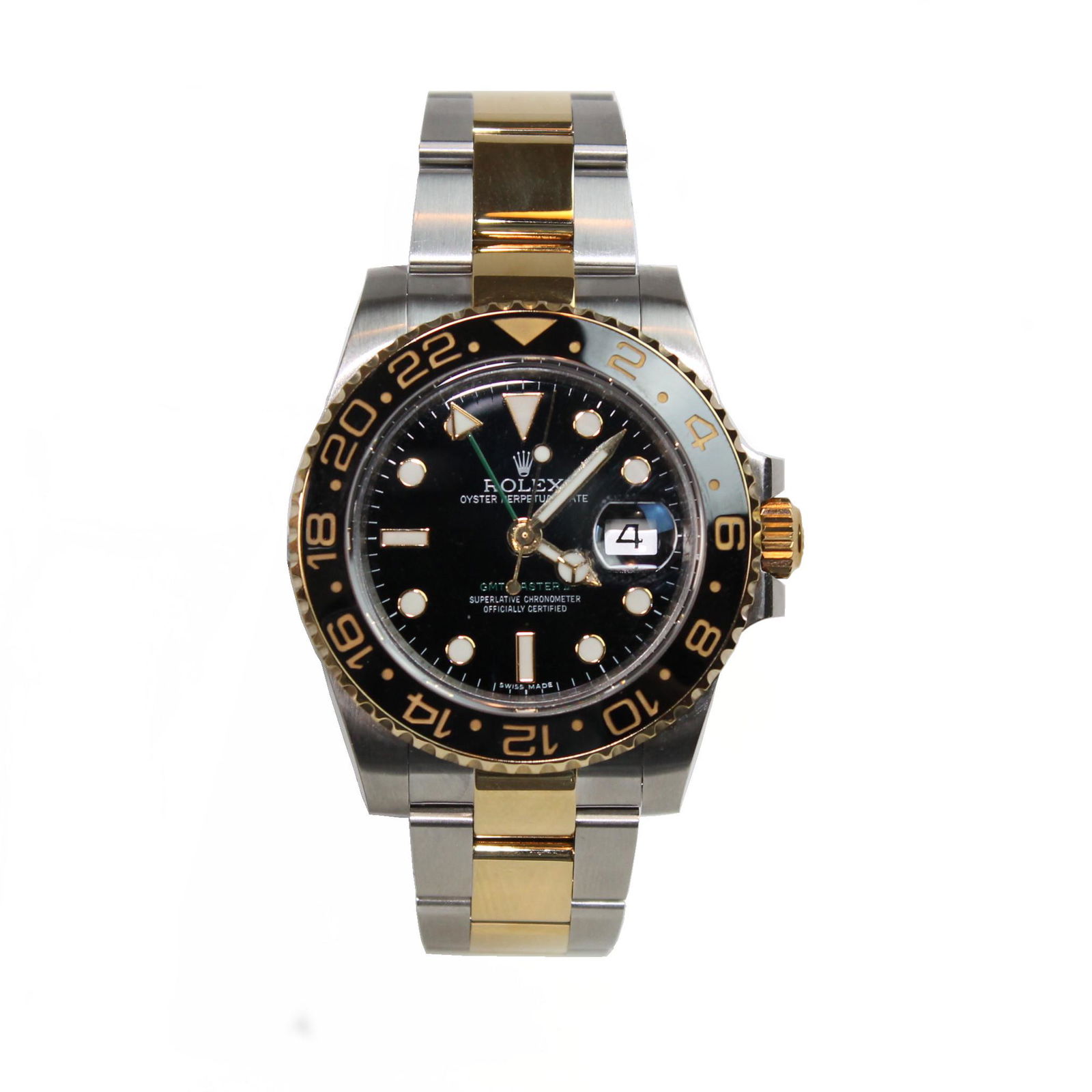 Rolex GMT Master II 116713LN Gold & Steel: DESCRIPTIONRolex GMT Master II 116713LN steel and goldMovement: Automatic Rolex caliber 3186Case diameter: 40 mmThickness: 12 mmDial: BlackWater resistance: 10 ATMCondition: Pre-owned but as newInclud