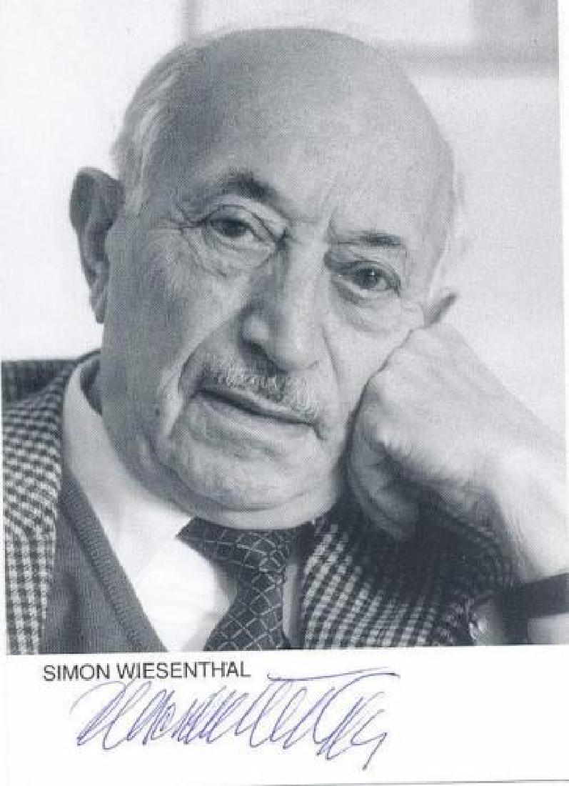 Nazi Hunter SIMON WIESENTHAL - Photo Signed: Simon Wiesenthal (1908-2005) Austrian Nazi-hunter. Wiesenthal was imprisoned in five different Nazi concentration camps during World War II. Wiesenthal devoted his life post-war to Holocaust memory an