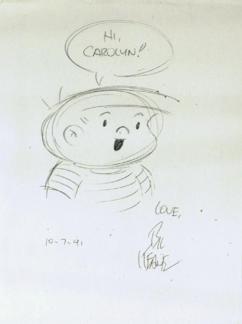Cartoonist BIL KEANE - "Billy" Sketch Signed: Bil Keane (1922-2011) Cartoonist. Keane was most notable for his work on the long-running newspaper comic The Family Circus. It began in 1960 and continues in syndication, drawn by his son Jeff. 8 ½�