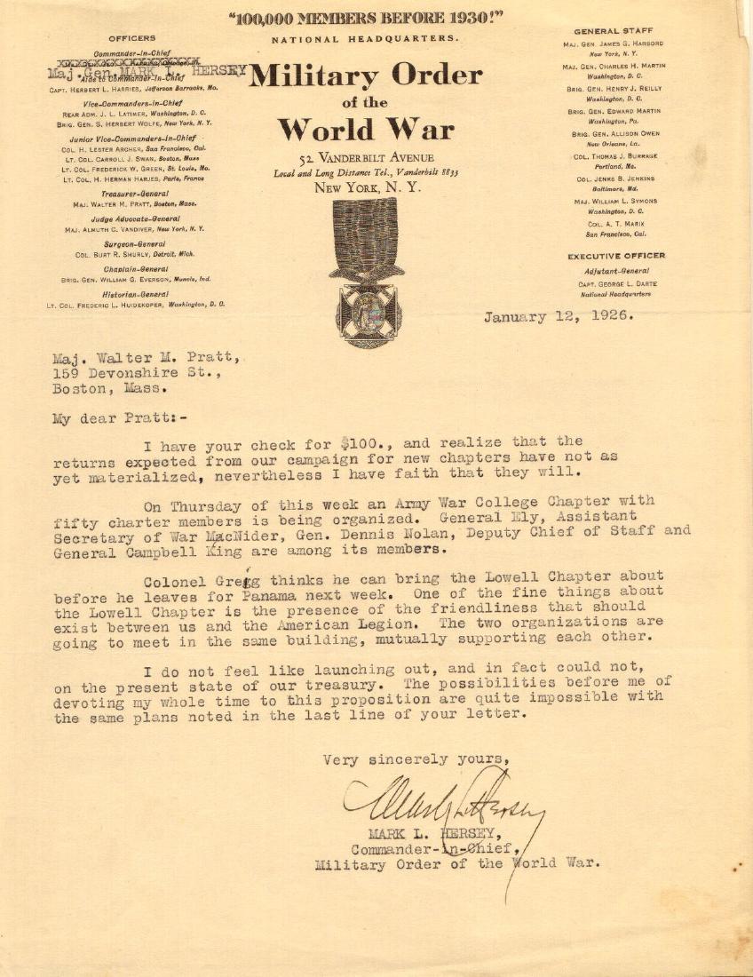 Gen MARK L HERSEY - Typed Ltr Signed: Mark L. Hersey (1863-1934) General. Hersey was promoted to brigadier general in National Army in 1917 and assigned as the commander of the 155th Infantry Brigade which was part of the 78th Division. T