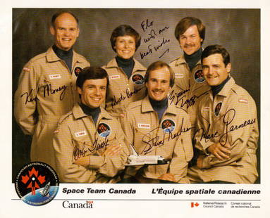 CANADIAN ASTRONAUTS - Photo Signed by Six: Canadian Astronauts. 10” x 8” color printed photograph of “Space Team Canada” inscribed “Flo with our best wishes” and signed by: Ken Money, Roberta Bondar, Bjarni Tryggvason, Robert Thris