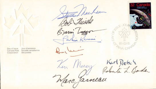 CANADIAN SPACE AGENCY - Postal Cvr Signed by Nine: Canadian Space Agency. First day of issue postal cover with the Canadian space commemorative stamp signed by astronauts: Ken Money, Roberta Bondar, Bjarni Tryggvason, Robert Thrisk, Steve MacLean and