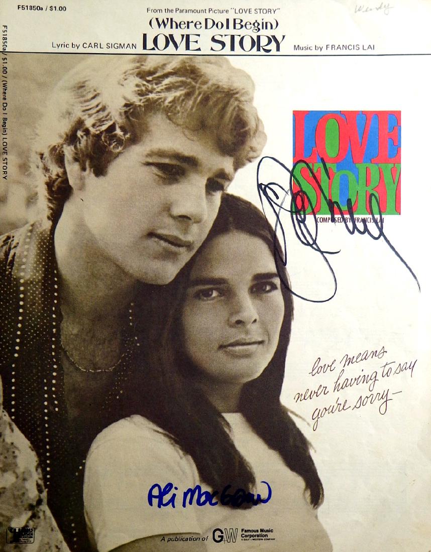 Love Story - Flyer Signed MacGRAW & O'NEAL: Love Story Love Story is a 1970 romantic drama film based on the best-selling novel of the same name. It starred Ali MacGraw (1939- ) and Ryan O'Neal (1941- ). A tragedy, the film is considered one of