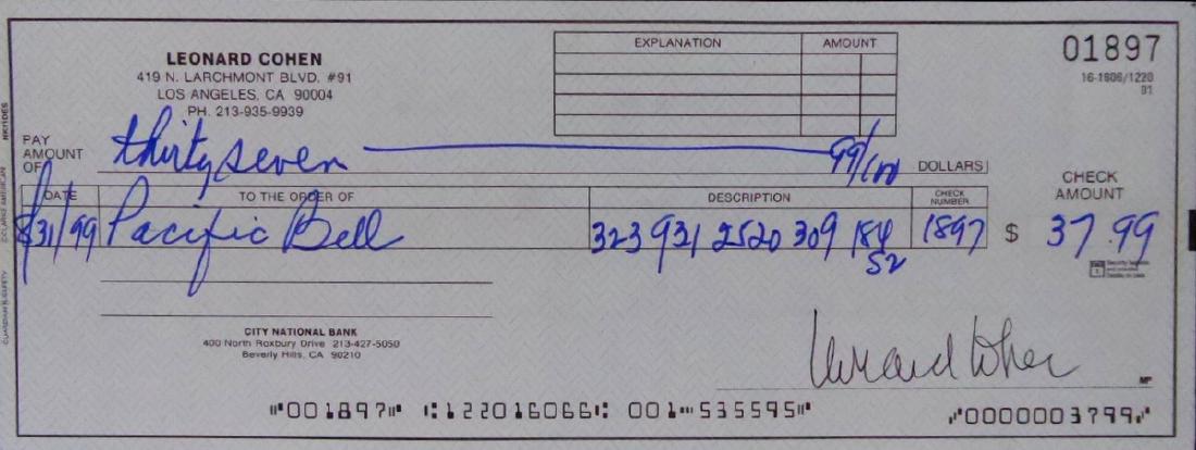 Songwriter, Poet LEONARD COHEN - Check Signed (1 of 1)