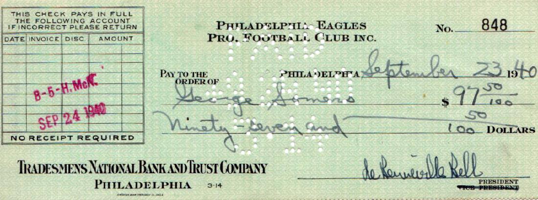 1st Commissioner BERT BELL - Check Signed (1 of 1)