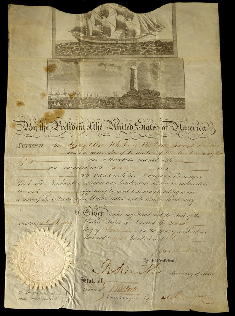 4th Pres JAMES MADISON - Ships paper Signed: James Madison (1751-1836) 4th President. 10 ½” x 15” vellum ships passport, Washington, June 1, 1811, signed. The document is also signed by Secretary of State Robert Smith (1757-1842. The paper