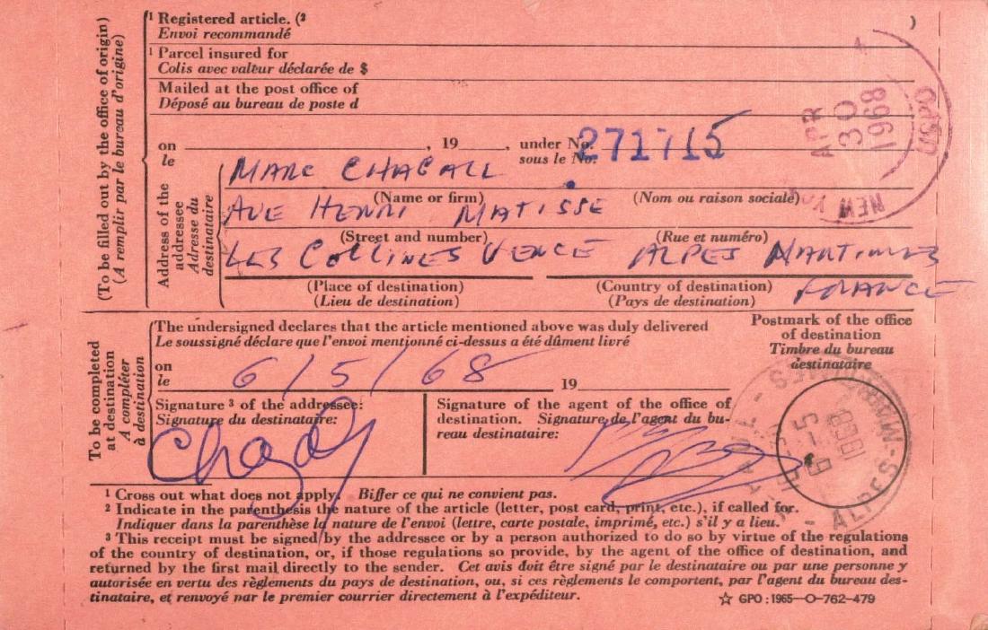 Russian-French Painter MARC CHAGALL - Postal Receipt (1 of 1)