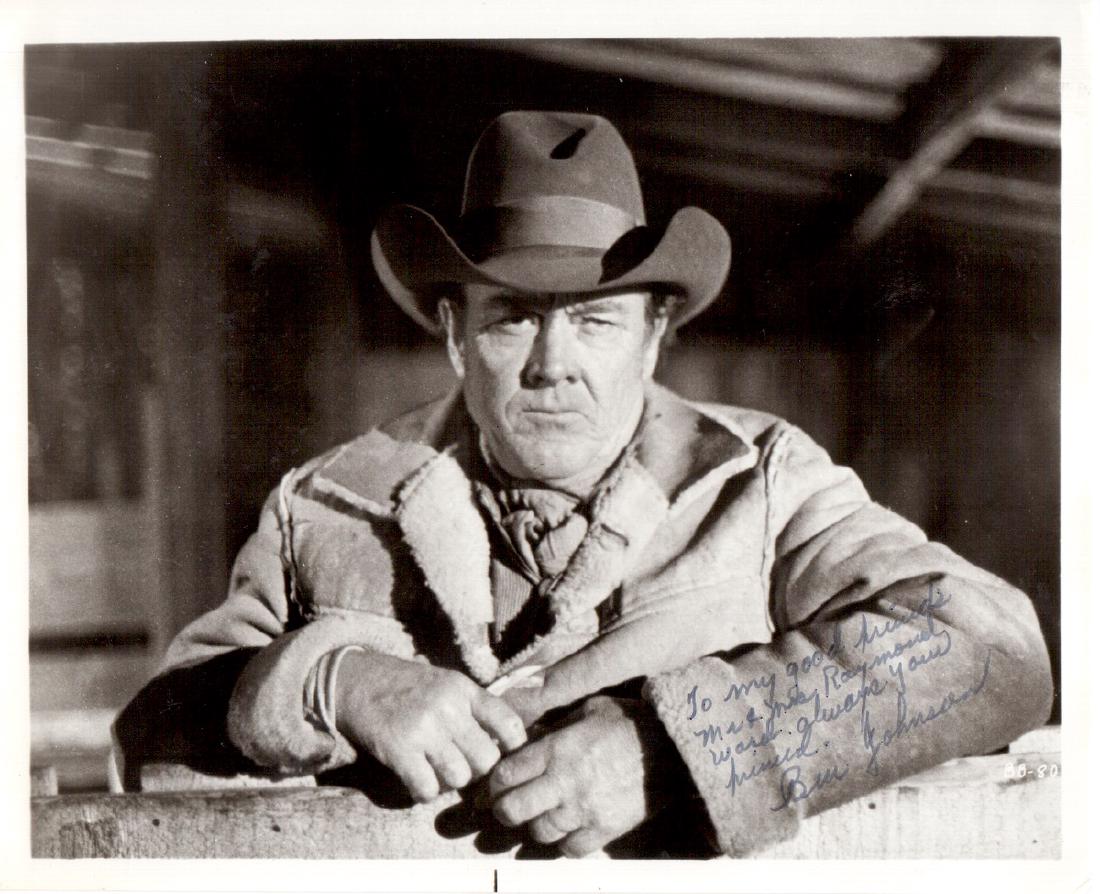 Actor BEN JOHNSON - Movie Still Signed: Ben Johnson (1918-1996) Actor. Johnson. brought further authenticity to many roles in Westerns with his extraordinary horsemanship. An elegiac portrayal of a former cowboy theatre owner in the 1950s c