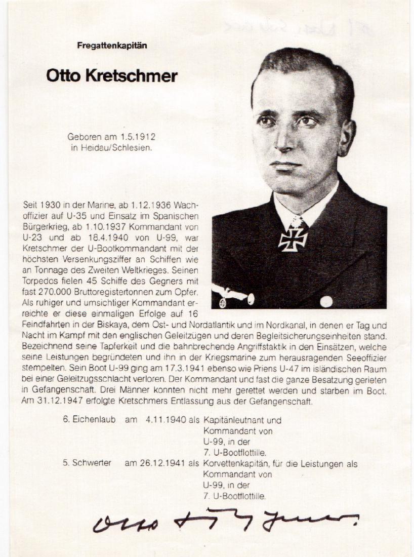 German Adm OTTO KRETSCHMER - Biography Signed (1 of 1)