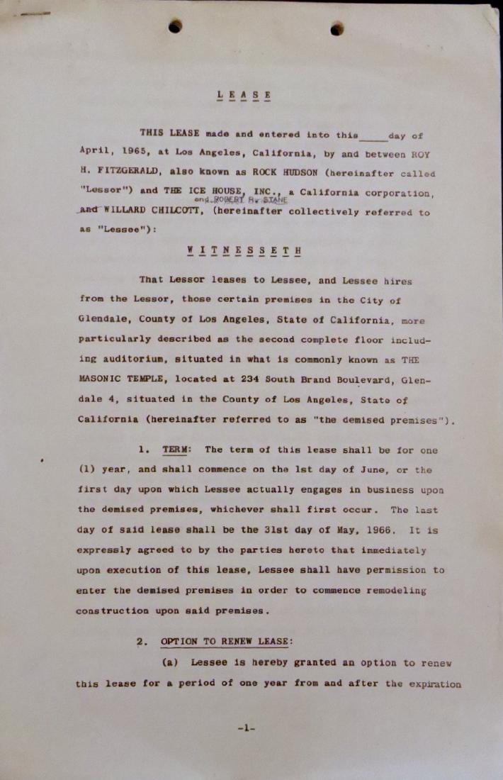 Actor ROCK HUDSON - Lease Agreement Signed *RARE Form* (1 of 3)