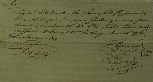Justice OLIVER ELLSWORTH - Pay Order Signed 1776