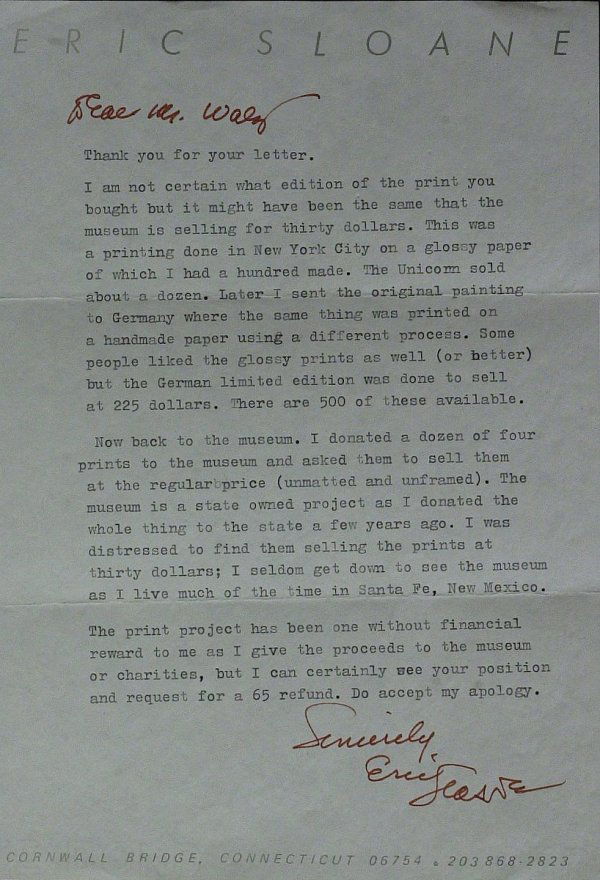 Painter ERIC SLOAN - Typed Ltr Signed: Eric Sloane (Everard Jean Hinrichs) (1905-1985) Painter. Sloane produced a prodigious body of work over his lifetime. He created an estimated 15,000 paintings, mostly oil on masonite, often painting o