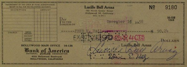 Comedian, Actress LUCILLE BALL - Check Signed: Lucille Ball (1911-1989) Comedienne. Ball was American televisions most popular comedienne, known for her blazing red hair and slapstick situation comedy gags. 8" x 3" check signed "Lucille Ball Arnaz