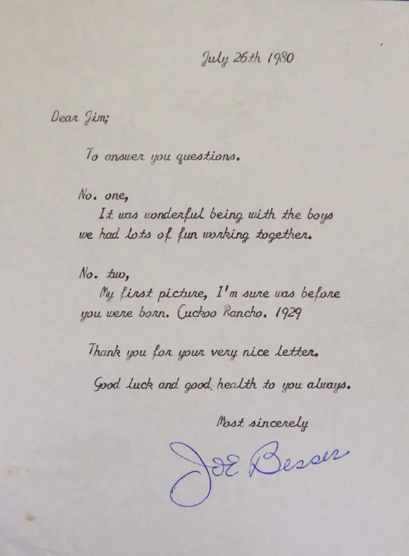 3 Stooges: JOE BESSER - Typed Ltr Signed: The 3 Stooges: Joe Besser (1907-1988) Comedian. Besser known for his impish humor and wimpy characters. He is best known for his brief stint as a member of The Three Stooges in movie short subjects of