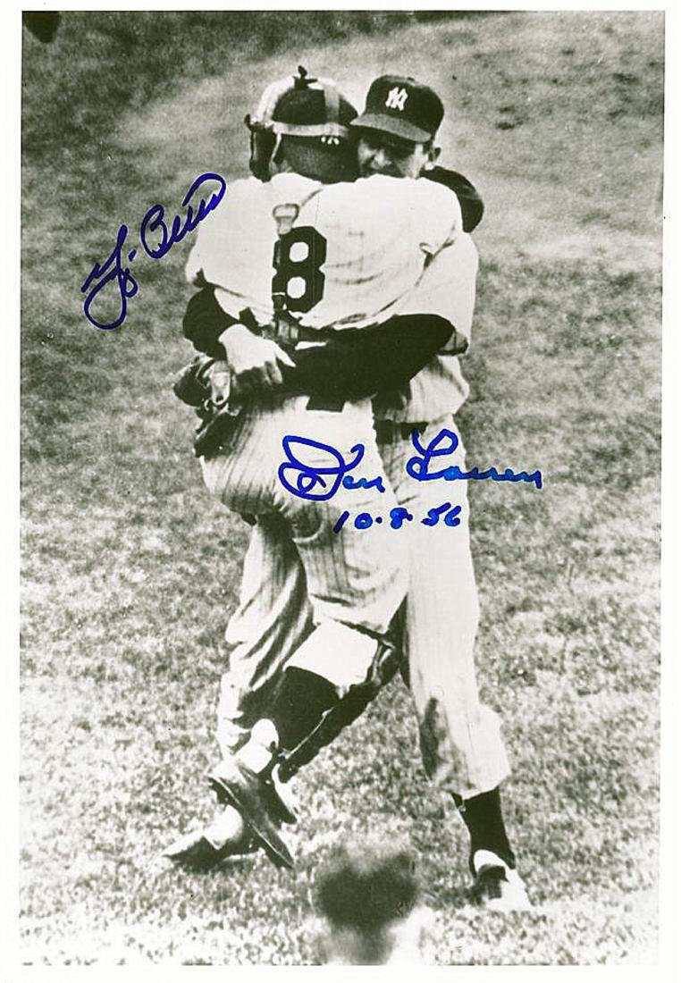 WS Perfect Game - LARSEN & BERRA Photo Signed: World Series Perfect Game, On October 8, 1956, in Game 5 of the 1956 World Series, Don Larsen (1929- ) of the New York Yankees threw a perfect game against the Brooklyn Dodgers. His perfect game is th