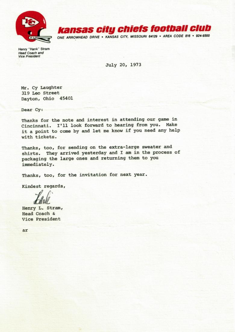 Chiefs Coach HANK STRAM - Typed Ltr Signed: Hank Stram (1923-2005) Coach. Stram is best known for his 15-year tenure with the Dallas Texans/Kansas City Chiefs of the American Football League and National Football League. He was elected to the H