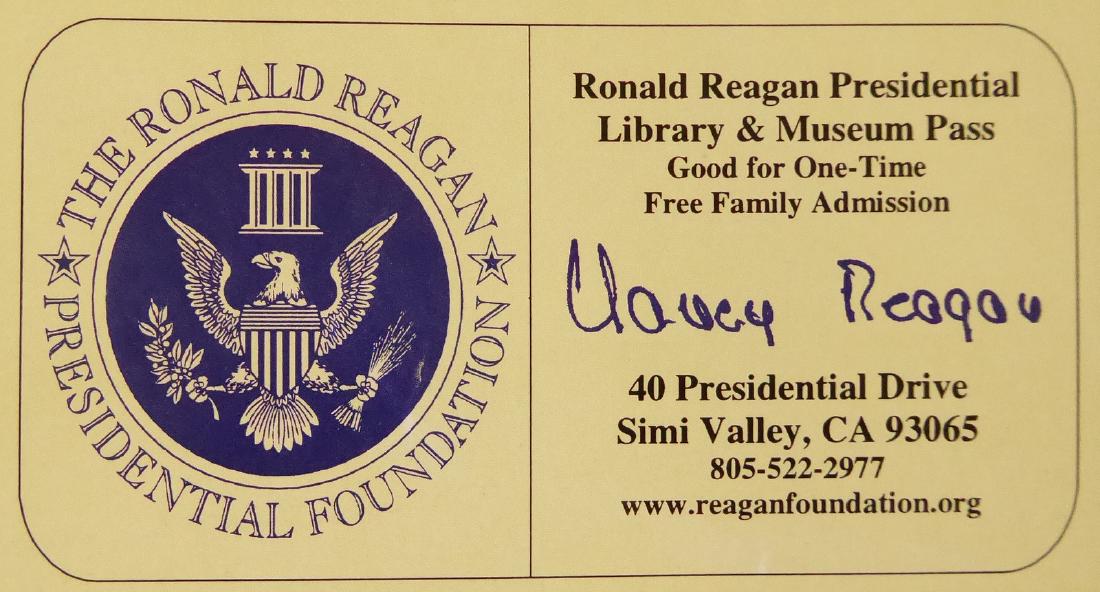 NANCY REAGAN - Reagan Library Ticket Signed: Nancy Reagan. 4 ½” x 2 ½” ticket to the Ronald Reagan Presidential Library & Museum, signed.