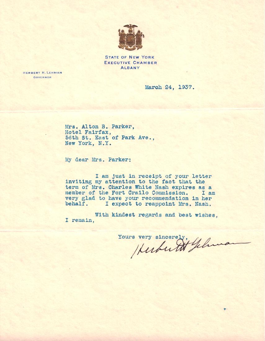 Politician HERBERT LEHMAN - Two Typed Ltrs Signed: Herbert Lehman (1878-1963) Politician. Lehman was a Democratic Party politician from New York. He served from 1933 until 1942 as the 45th Governor of New York and represented New York State in the US 