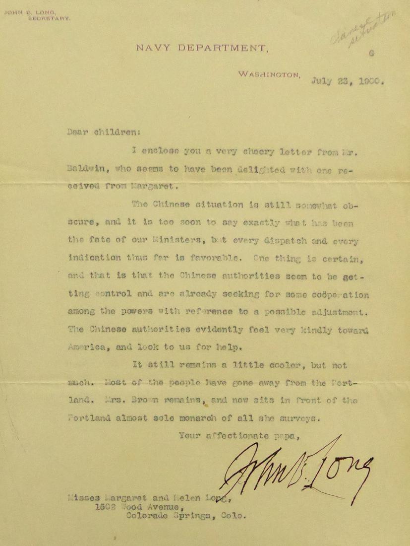 JOHN DAVIS LONG -Typed Ltr Signed to His Children: John Davis Long. 8” x 10 ¼” typed letter signed, Navy Department, July 23, 1900, to his daughters, Margaret and Helen. “…The Chinese situation is still somewhat obscure, and it is too soon to