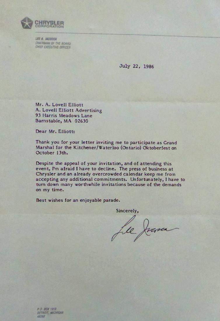 Automaker LEE IACOCCA - Typed Ltr Signed: Lee Iacocca (1924- )Automotive executive. Iacocca was best known for making the development of Ford Mustang and Pinto cars, while at the Ford Motor Company in the 1960s, and then later for reviving th
