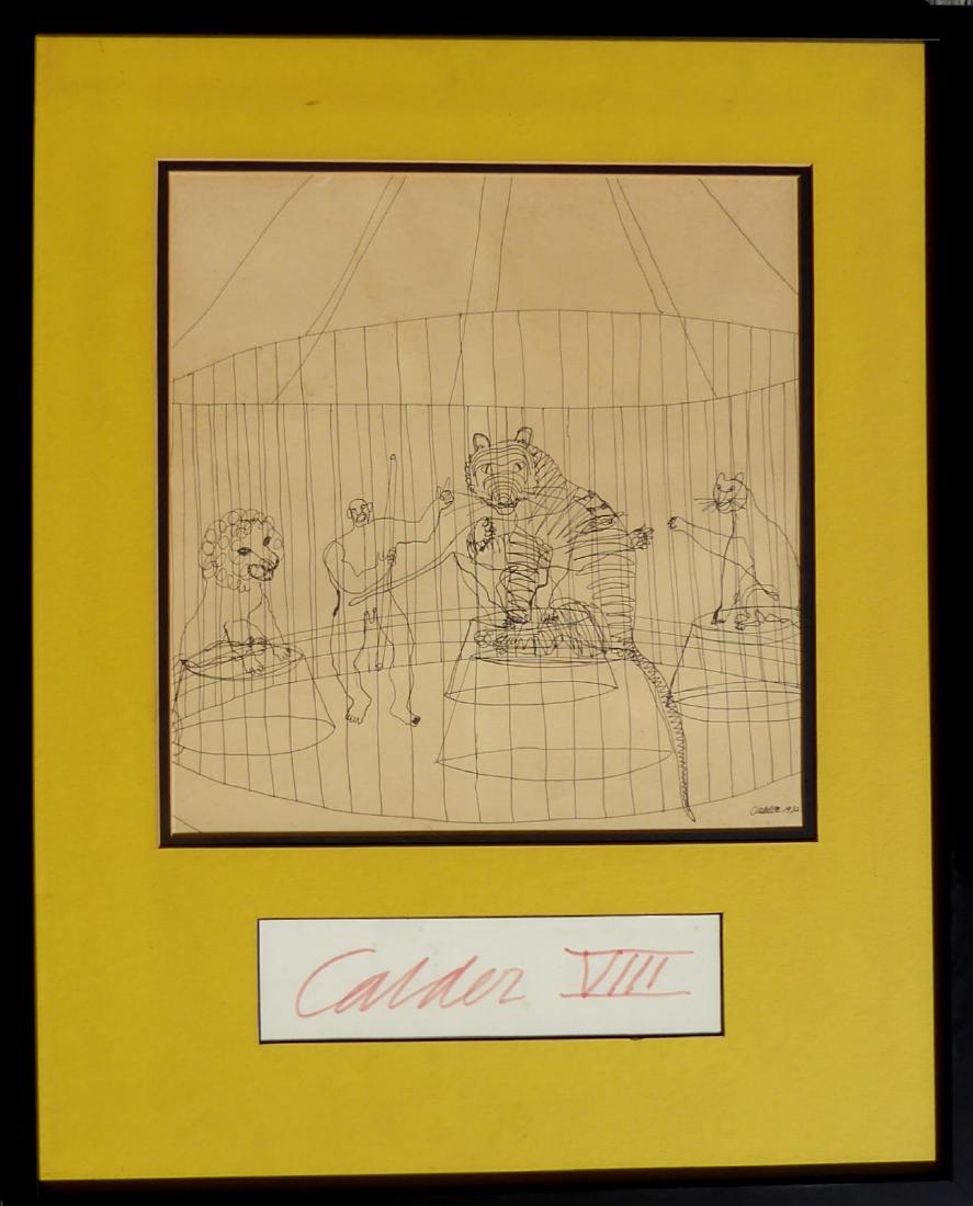 ALEXANDER CALDER - Lithograph Signed With 2nd Signature: Alexander Calder. 13” x 14” lithograph of a circus scene depicting an animal tamer amid lions and a tiger, signed at the lower right, “Calder 1932”. Double matted together with a 9 ½” x 2 �