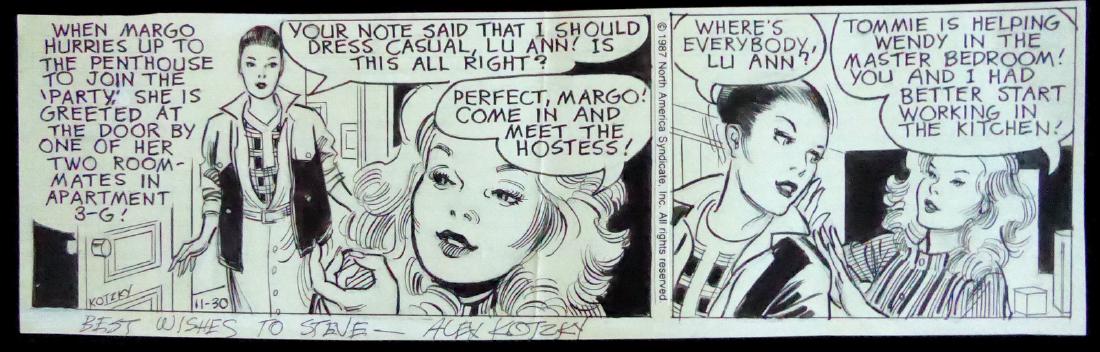 Cartoonist ALEX KOTZKY - Original Strip Signed: Alex Kotzky (1923-1996) Cartoonist. Kotzky is best known for his three decades of work on the comic strip Apartment 3-G. 13 ¼” x 4 ¼” original two panel cartoon strip signed, “Best Wishes To S