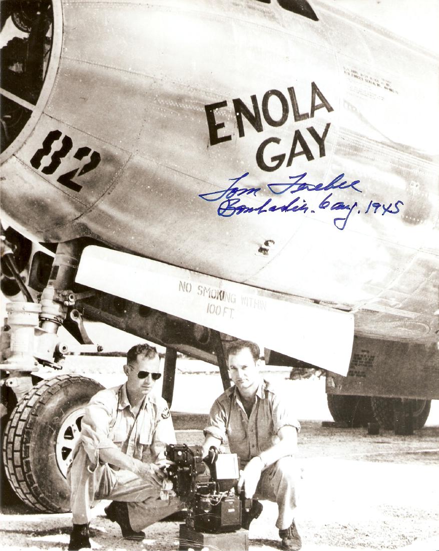 Enola Gay Bombarier TOM FEREBEE - Photo Signed: Enola Gay: Tom Ferebee (1918-2000) Airman. Ferebee was the bombardier aboard the B-29 Superfortress, Enola Gay, which dropped the atomic bomb, "Little Boy", on Hiroshima in 1945. 8” x 10” black an