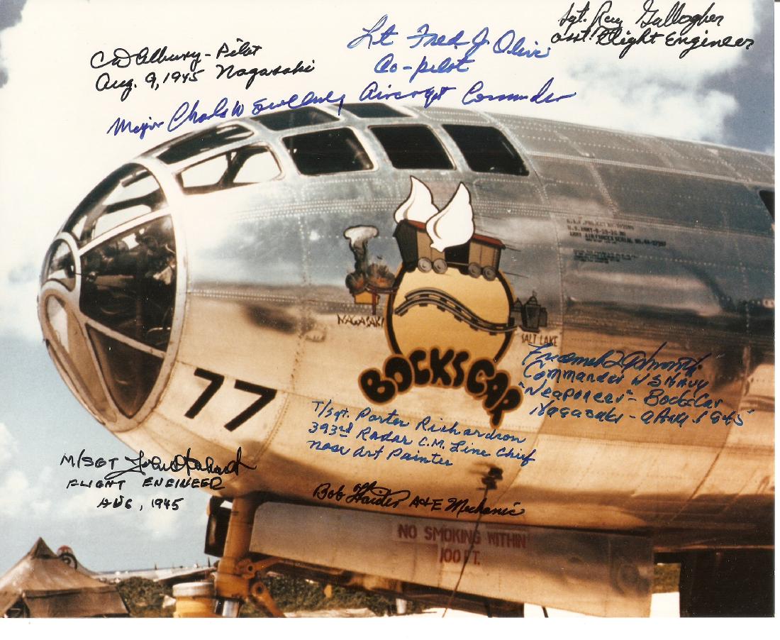 Bockscar - Photo Signed by 9 Crewmen incl SWEENEY,: Bockscar. Bockscar is the name of the Army Air Forces B-29 bomber that dropped a Fat Man nuclear weapon over the Japanese city of Nagasaki during World War II in the second – and last ��