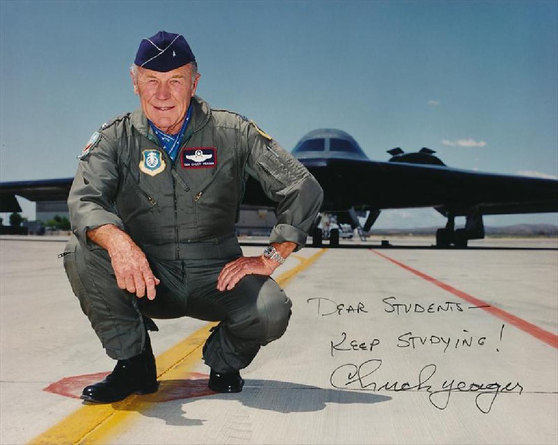 Pilot CHUCK YEAGER - Photo Signed: Chuck Yeager (1923- ) Pilot. Yeager was a fighter pilot ace during World War II, he became the first person to break the sound barrier, when he flew the Bell X-1 rocket 700 mph in level flight in Octo