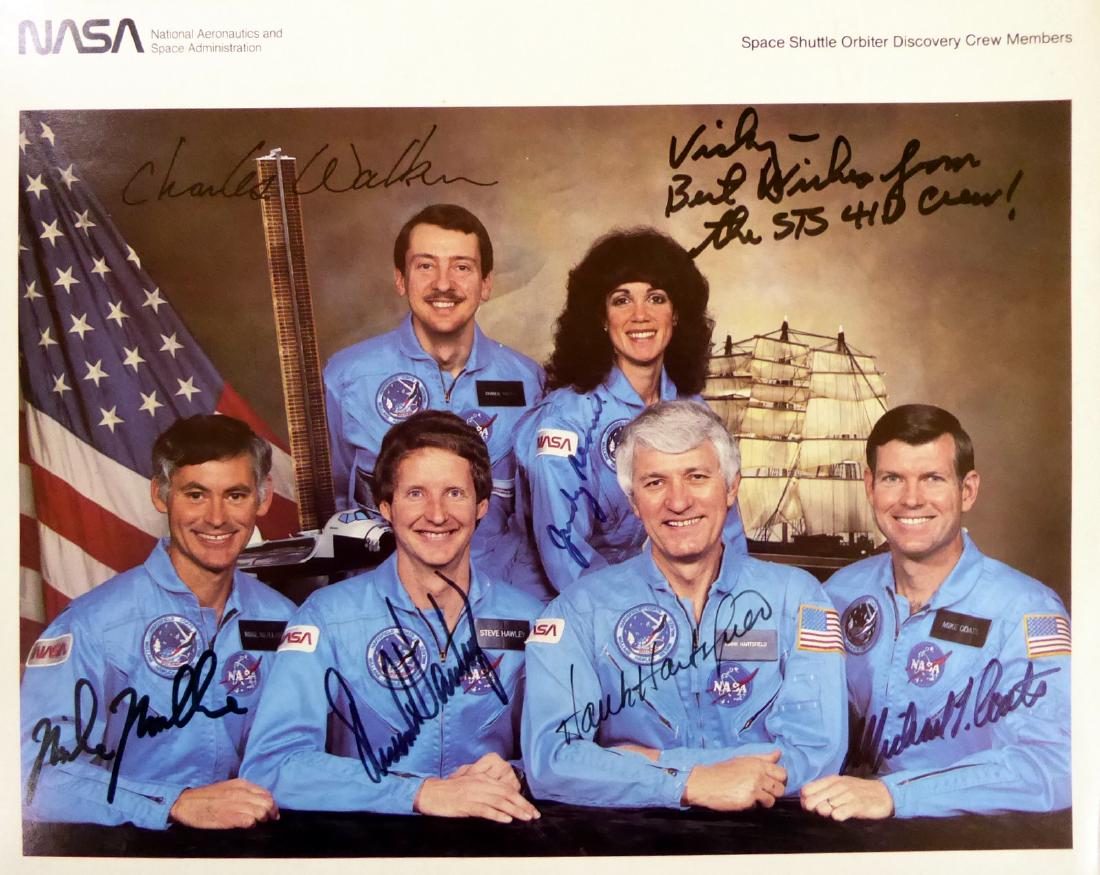 STS - 41D NASA Lithograph - Crew Signed: STS – 41D was the 12th flight of NASA's Space Shuttle program, and the first mission of Space Shuttle Discovery. It was launched from Kennedy Space Center, Florida, on August 30, 1984, and landed at