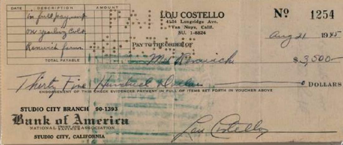 Abbott & Costello LOU COSTELLO - Check Signed: Abbott and Costello: Lou Costello (1906-1959) Comedian, actor. Costello with Bud Abbott was part of one of most popular comedy duos of the 20th century. After great success on radio, Abbott and Costel