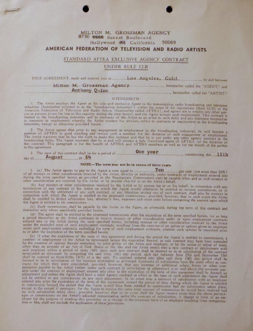 Actor ANTHONY QUINN - Legal Document Signed: Anthony Quinn (1915-2001) Mexican-born actor. Quinn won best supporting actor Oscars for his roles in Viva Zapata! (1952) and Lust for Life (1956), with the former win making him the first actor born