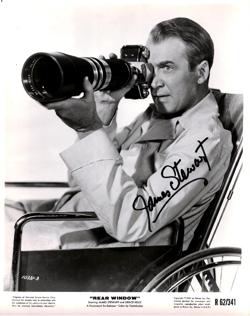 Actor JAMES STEWART - "Rear Window" Photo Signed: James Stewart (1908-1997) Actor. Stewart began his film career in 1935 and soon gained popularity for his lanky good looks, slow drawl and shy, homespun charm, evident in Mr. Smith Goes to Washington.